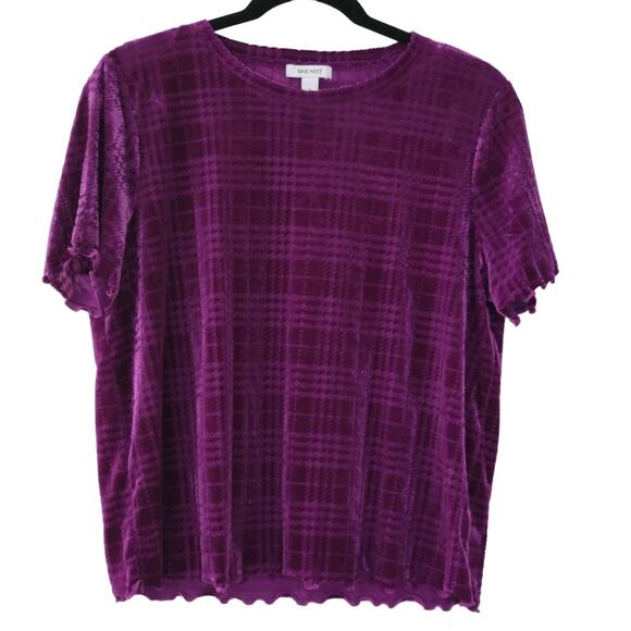 Nine West Purple‎ Plaid Velvet Lettuce Hem Short Sleeve Blouse Size Large - Picture 2 of 11